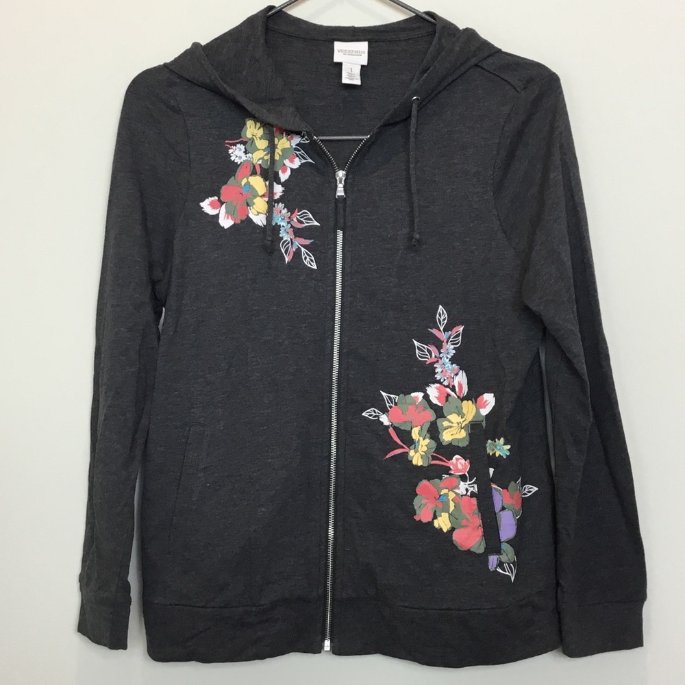 Weekends by Chico's Charcoal Zip-Up Hoodie Multicolor Floral Print size 1 (M)